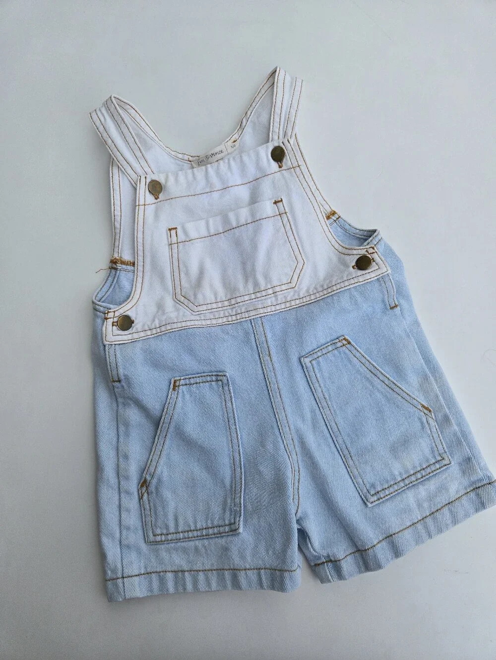 Fin & Vince Denim Short Overalls White/ Stonewashed Blue 2/3y